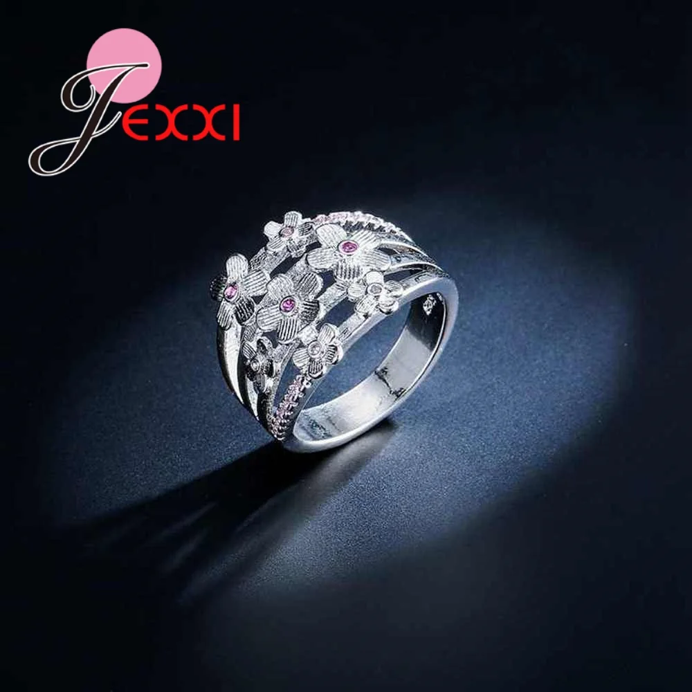 4 размера, 925 пробы, серебряные, в форме цветка, элегантные, розовые, CZ, обручальные кольца для женщин, выдалбливают, кольца на палец, Anillos