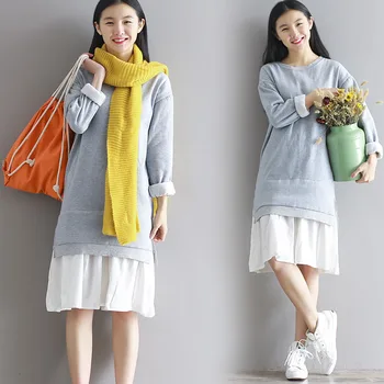 

plus big size women clothing 2017 spring autumn winter korean vestidos velvet gray chiffon stitch sweatshirts dress female A2162