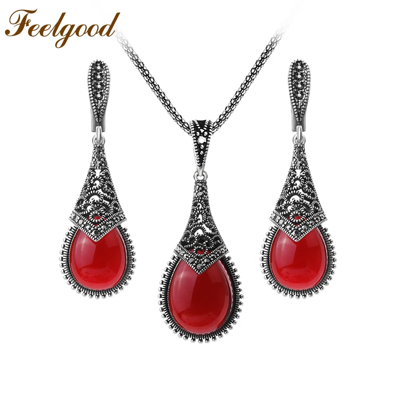 Feelgood индийский стиль Винтажный серебряный цвет ювелирные наборы зеленый