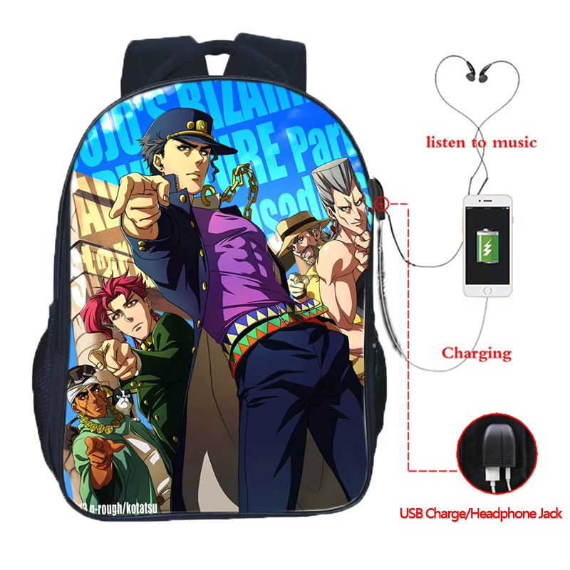 JoJo No Kimyou Na Bouken JoJo's Необычные Приключения Jotaro USB Chargingbackpack для мужчин женщин мальчиков девочек рюкзаки школьные сумки - Цвет: 17