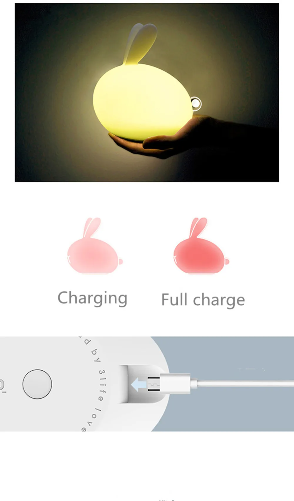 SuperNight 7 Colors Rabbit LED Night Light Dimmable Touch Sensor Cartoon Silicone Bunny Bedside Lamp for Children Kids Baby Gift (12)