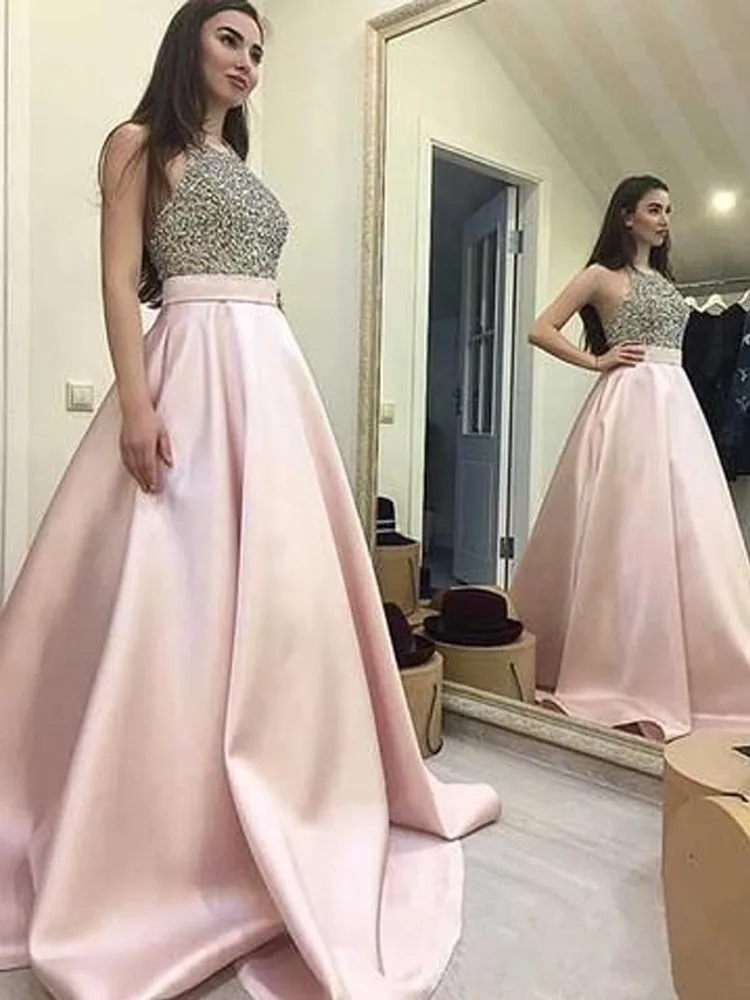 Pink Prom Dresses A-Line Beaded Crystal Satin Backless Plus Size Long Elegant Prom Gown Evening Dresses Robe De Soiree