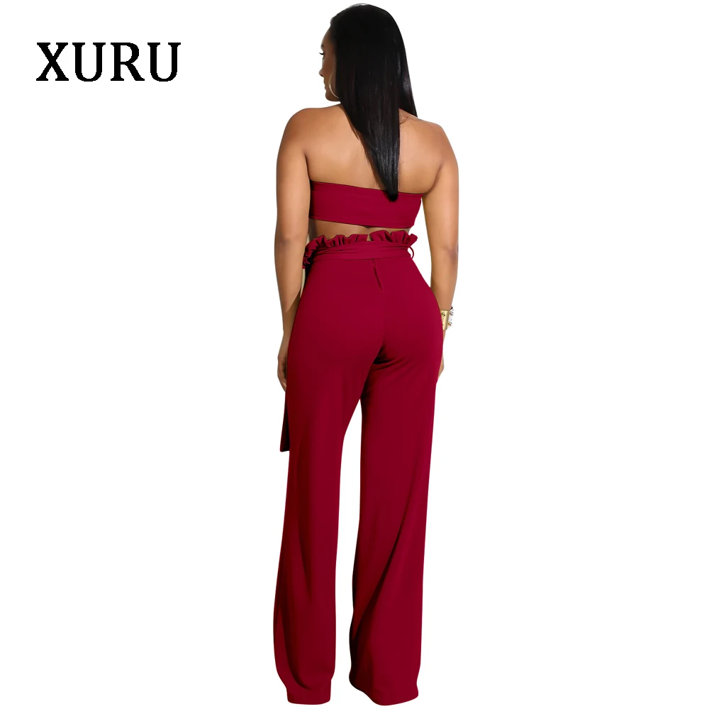 XURU Цвет: белый, черный, голубой Для женщин с открытыми плечами комбинезоны без бретелек короткий топ + свободные штаны комплект из двух