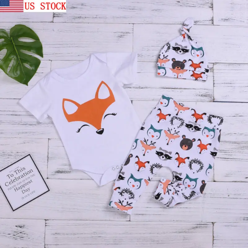 

US Infant Baby Girl Boy 0-24M Clothes Print Tops Romper Pants Hat Kids 3Pcs Outfit