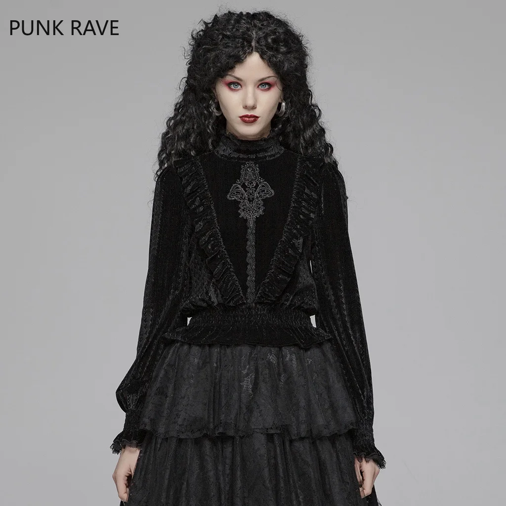 

Punk Rave Women Gothic Shirt Black Stand Collar Gorgeous Dark-grain Velvet Victorian Vintage Slim Fit Elastic Women Blouses