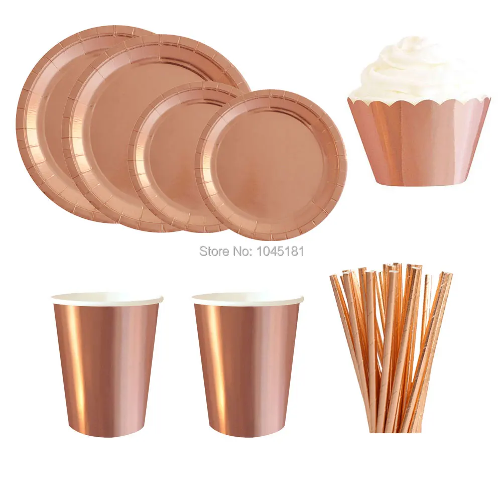 ipalmay Foil Rose Gold Paper Party Tableware Supplies Dessert Plates Disposable Cups Cocktail