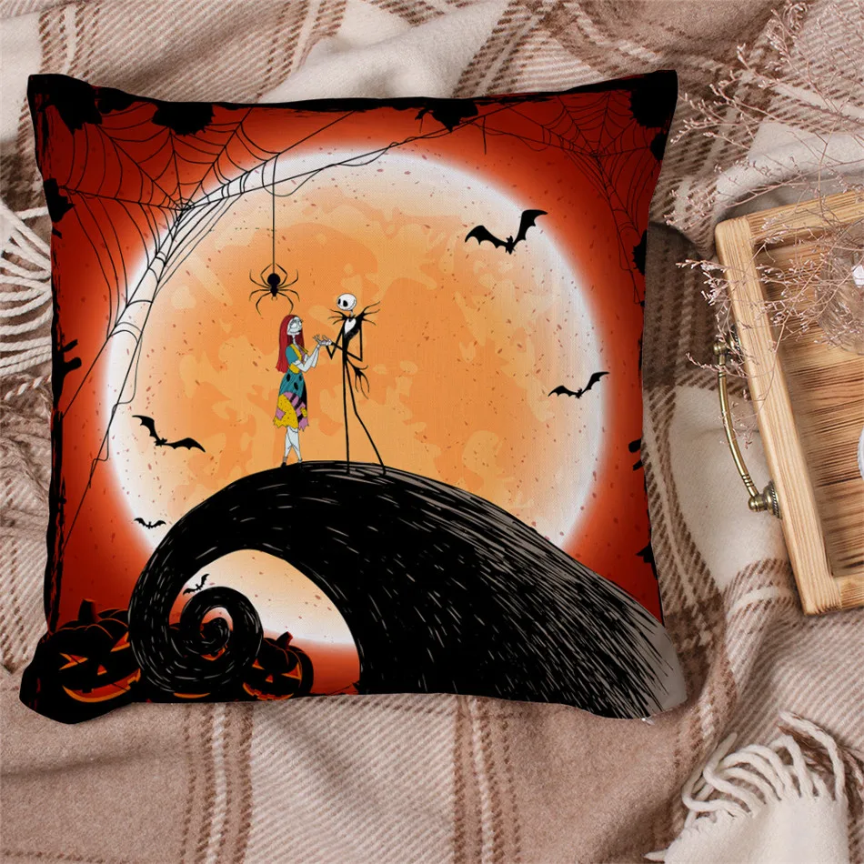 

Colorful Cartoon Cushion Cover Halloween Couples Skeleton Print Throw Pillows Cover Moon Pumpkin Print funda cojin Home Decor