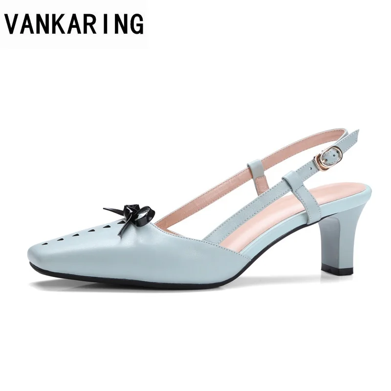 

VANKARING hot 2018 new cow leather high heels square hollow coarse sandals fashion haze blue ladies dress party women sandals