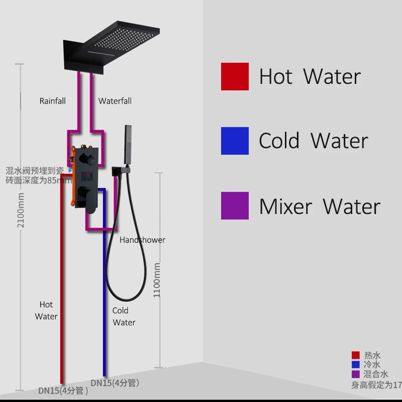 Quyanre черный цифровой смесители для душа набор водопад дождевой Душ Насадки для душа 3-сторонний выход Цифровой температурный Дисплей смесителя скрыть Ванна Душ
