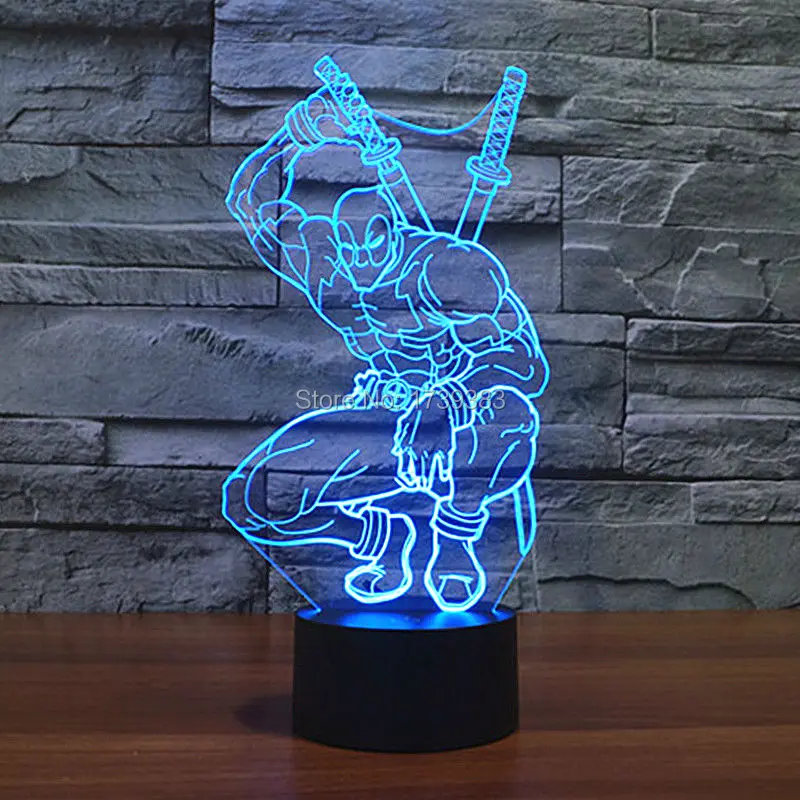 Free Ship 7 Color Changing Hero Deadpool 3D LED Night Light USB LED Decorative LED Table Lamp Color