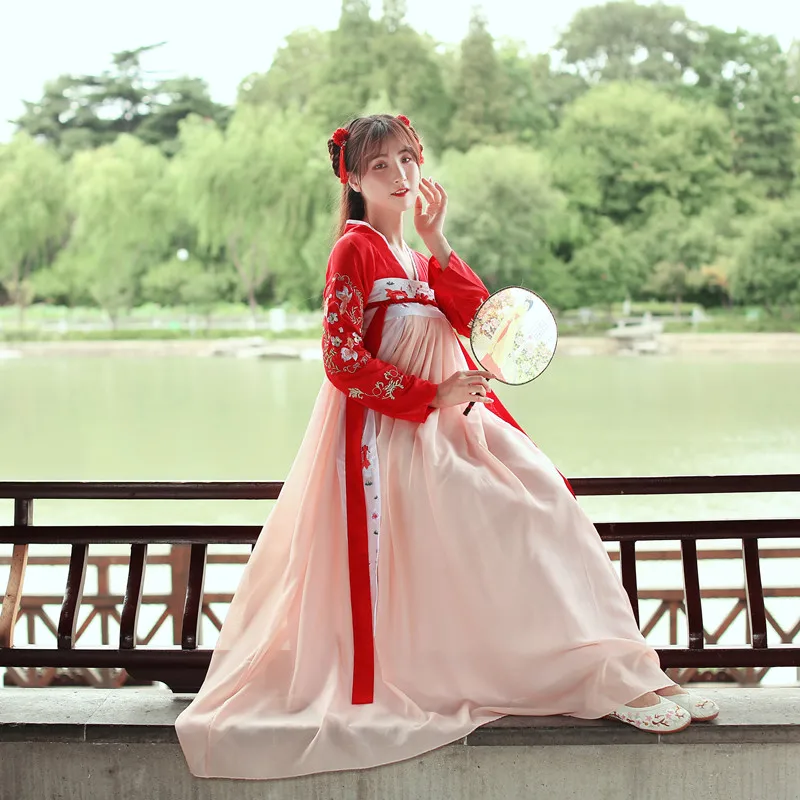 

Hanfu Dress Women Costume Tang Dynasty Traditional Ancient Chinese Folk Dance Fairy Skirt Performance Red Clothing DNV11418