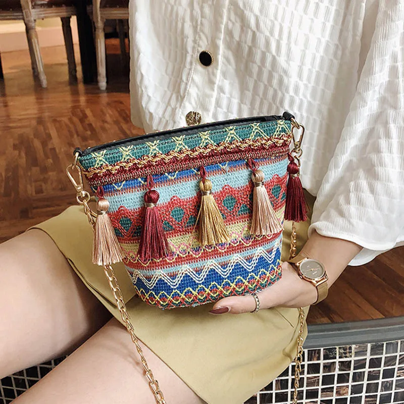 Summer Women Tassel Casual Straw Bags INS Popular Female Handbag Fashion Lady Chains Shoulder Bag Holiday Weave Crossbody SS3288 (9)