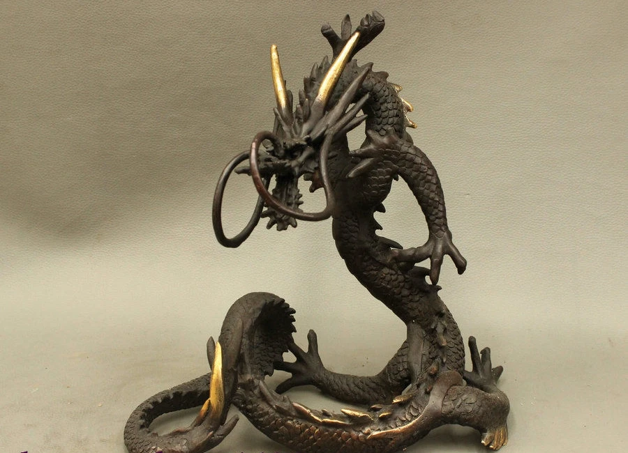 

10" China Chinese FengShui Bronze Gilt JiXiang Dragon Pang Lung Animal Statue
