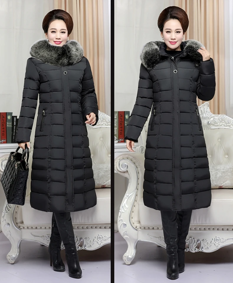 Женский пуховик для среднего возраста, пальто с капюшоном, тонкое плотное теплое длинное пальто большого размера, зимние куртки с меховым воротником для женщин