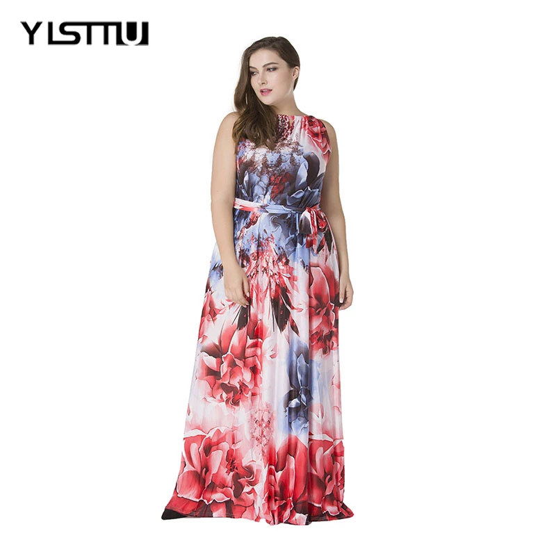 YISTTU 2017 Summer Women Floral Plus Size Maxi Dress Swing Ice Silk Round Neck Sleeveless Print High Waist Lady Long Dresses long-floral-maxi : image YISTTU 2017 Summer Women Floral Plus Size Maxi Dress Swing Ice Silk Round Neck Sleeveless Print High Waist Lady Long Dresses long-floral-maxi