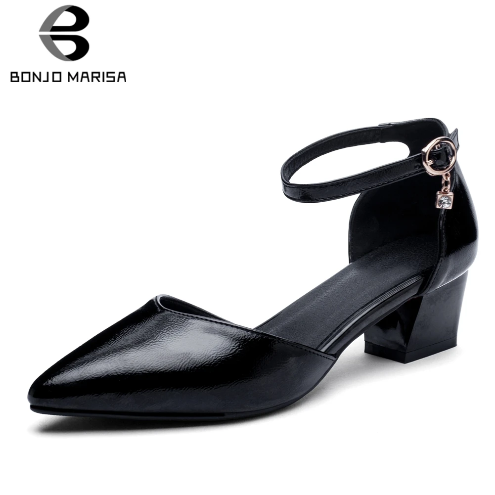 

BONJOMARISA Hot Sale Plus Size 32-43 Pointed Toe Black Red Pumps Woman Shoes Chunky Heels Buckle Shoes Woman Pumps Female