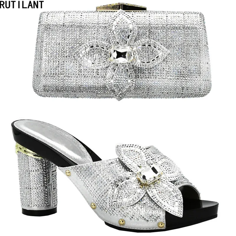 

New Arrival Italian Shoes and Bags To Match Shoes with Bag Set Decorated with Rhinestone Latest Nigerian Shoes and Matching Bags