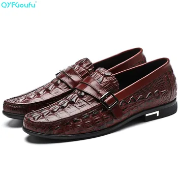 

QYFCIOUFU Men Dress Shoes Genuine Leather Shoes Crocodile Pattern Flats Oxfords Slip-on Wedding Office Business Men Casual Shoes