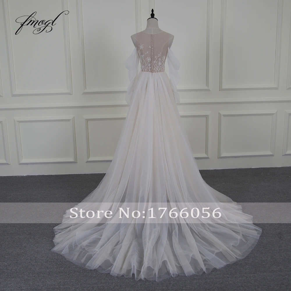 Fmogl Vestido De Noiva Сексуальная Иллюзия Пляжные Свадебные платья 2019 V шеи бисером жемчуг
