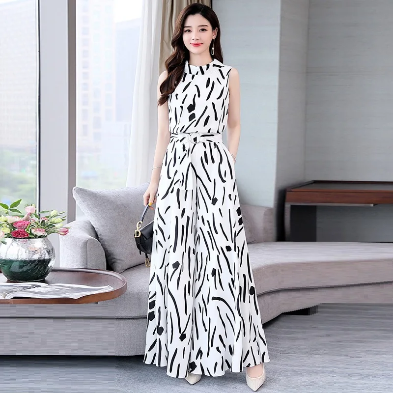

2 Piece Set Women Sleeveless Blouse And Wide Leg Pant Sets 2019 Summer Runway Fashion Elegant Hihg Waist Chiffon Pants Suit