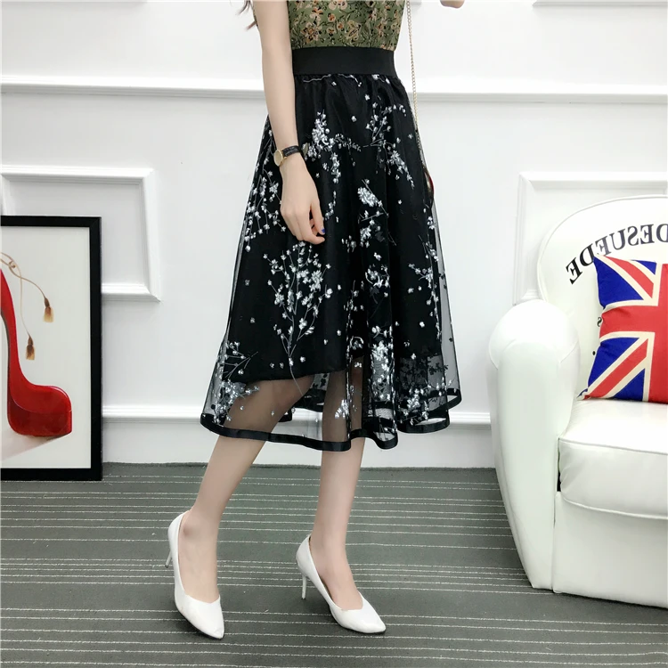 Лето 2018 Женская юбка в Корейском стиле бальное платье с высокой талией рубашки с цветочным принтом сетчатая юбка женская черная длинная