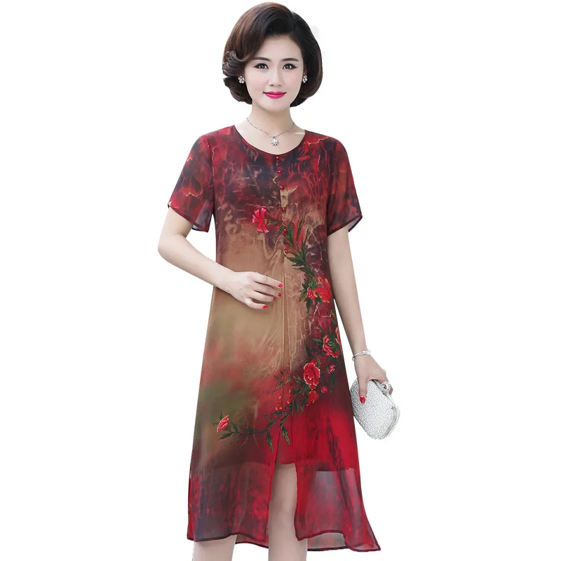 

Oriental Women Elegant Silk Dress Red Blue Layered Side Split Design Vestidos Mujer Short Sleeve O-neck One Piece Ethnic Dress