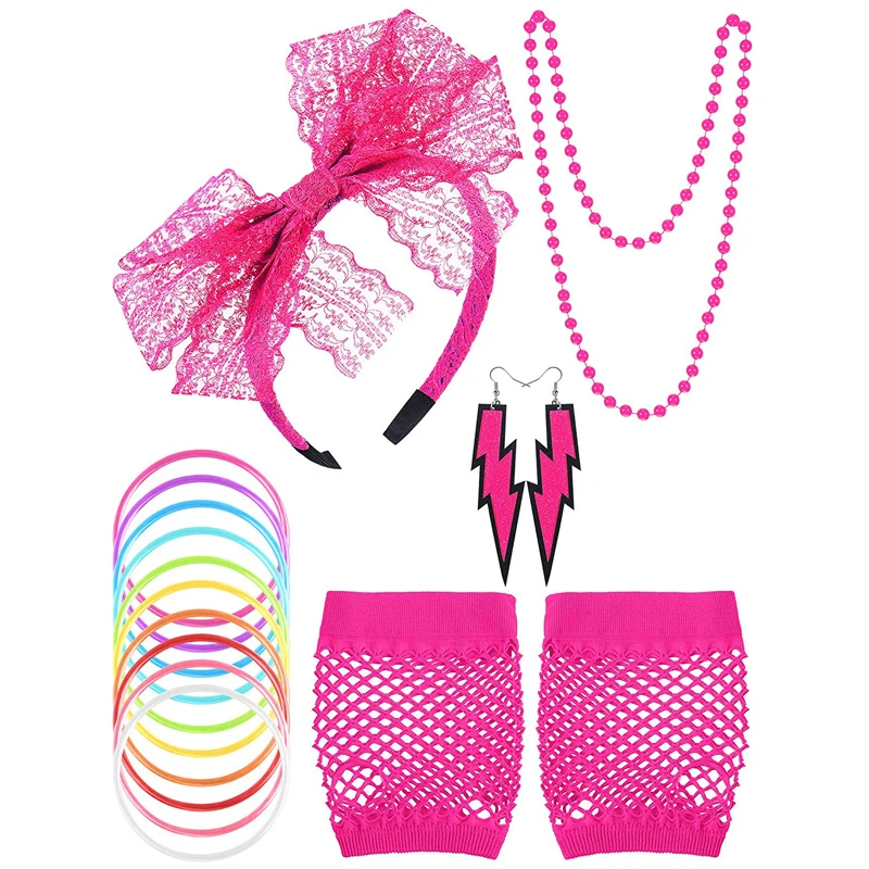 Womens 80s Costume Accessories Set Lips Print T-Shirt Lace Headband Earrings Necklace Bracelet for 80s Theme Party