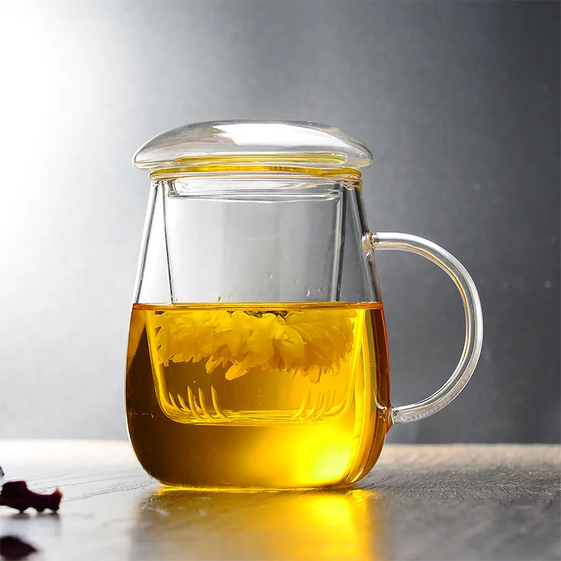 350ml 550ml transparent tea mug with lid thick glass flower teacup with