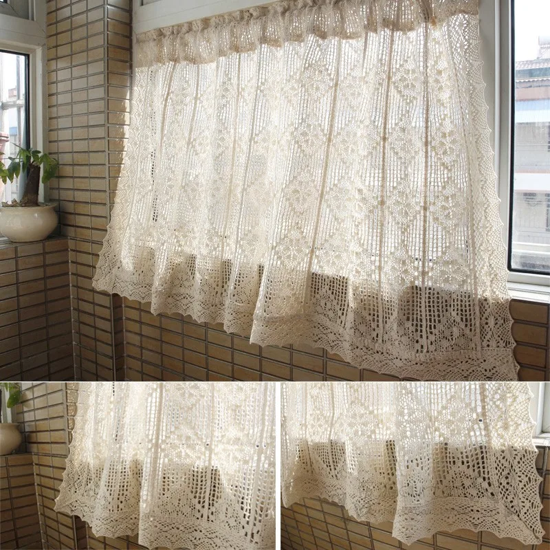 

American Country Style Beige Cotton Crochet Home Decorative Short Curtain Multi-function Partition Door Curtain Customizable