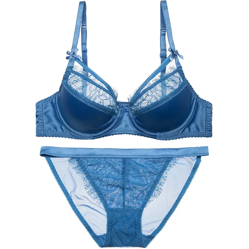 New Luxury Blue Bra Set Women Sexy Eyelash Lace Hollow Out Strappy Satin Glossy Lingerie Sets Ladies Elegent Underwear Thin ABC