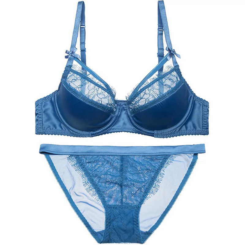 New Luxury Blue Bra Set Women Sexy Eyelash Lace Hollow Out Strappy Satin Glossy Lingerie Sets Ladies Elegent Underwear Thin ABC New Luxury Blue Bra Set Women Sexy Eyelash Lace Hollow Out Strappy Satin Glossy Lingerie Sets Ladies Elegent Underwear Thin ABC