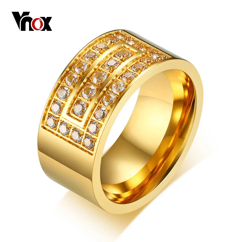 

Vnox 10mm Chunky Bulky Gold Color Ring for Men Stainless Steel AAA Cubic Zirconia Fraternal Rings Punk Male Jewelry