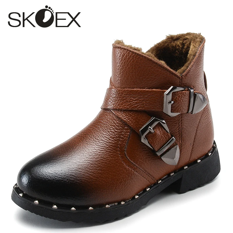 

SKOEX Winter Ankle Boots Boys Genuine Leather Shoes Warm Thick Plush Children Snow Boots Kids Buckle Strap Baby Male Footwear