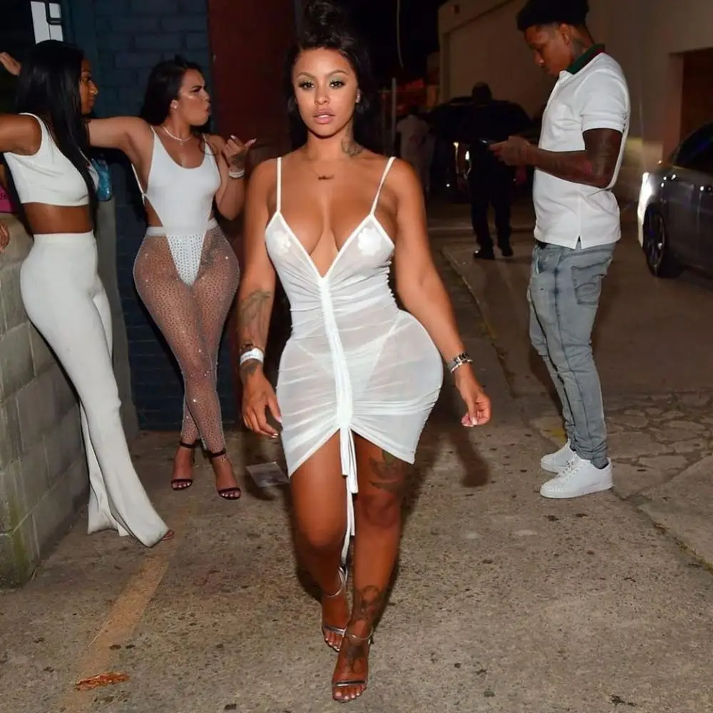 

Solid Mesh Strap V-Neck See Through Pleated Women Summer Dress White Mini Female Vestidos Irregular Dress Nightclub