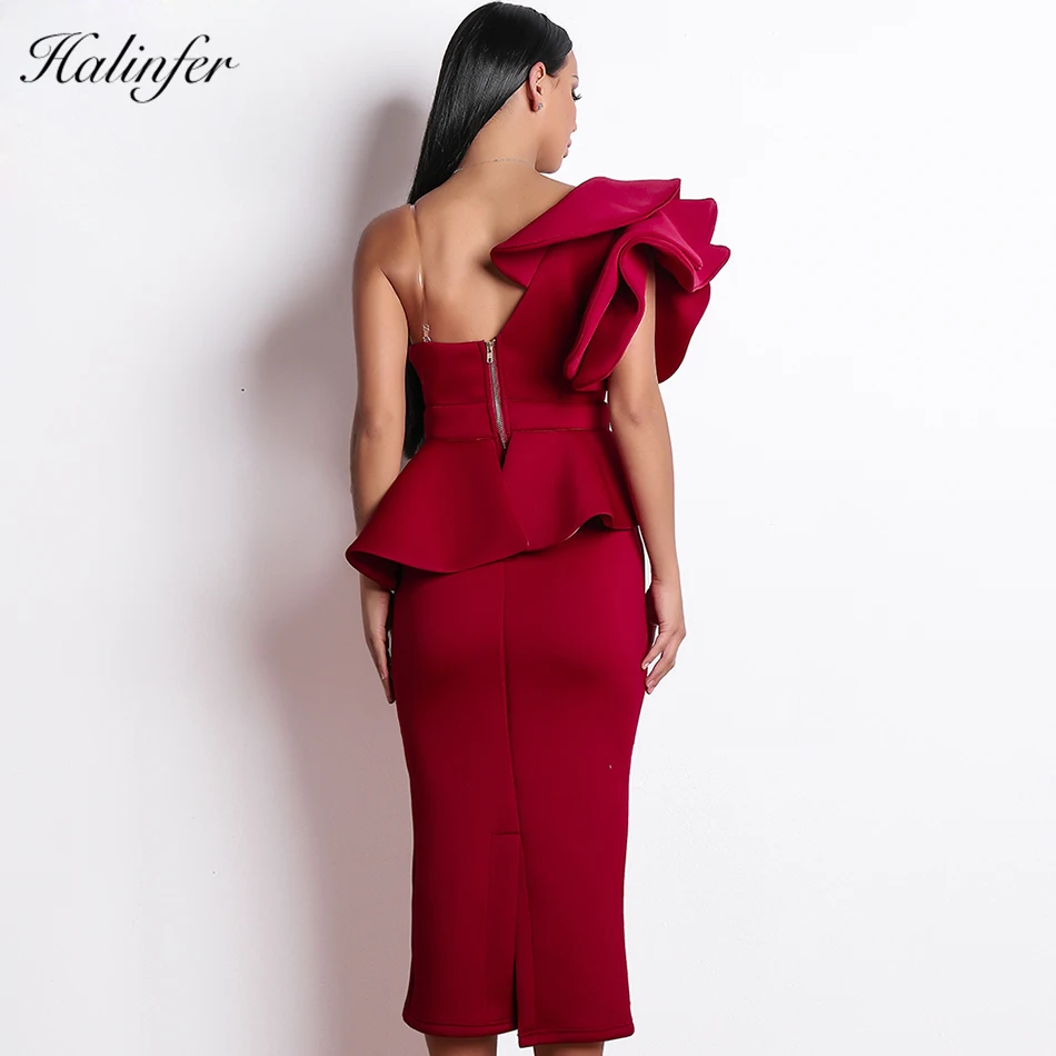 Halinfer 2018 New summer women dress sexy bodycon strapless 2 piece ruffle dress celebrity party black red pink dresses vestidos Dresses