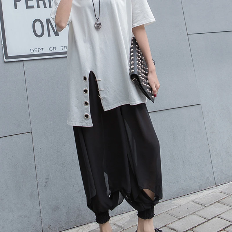 [EAM] Autumn Winter Woman Stylish Black High Waist Elastic Waist Draped Hollow Out Loose Chiffon Wide Leg Pants LE520