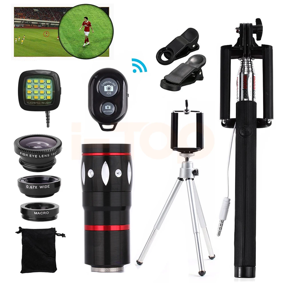 

2017 10x Zoom Telephoto Lenses Fish eye Wide Angle Macro Lentes Microscope For Cell Phone Lens Selfie Stick Mobile Tripod Clips
