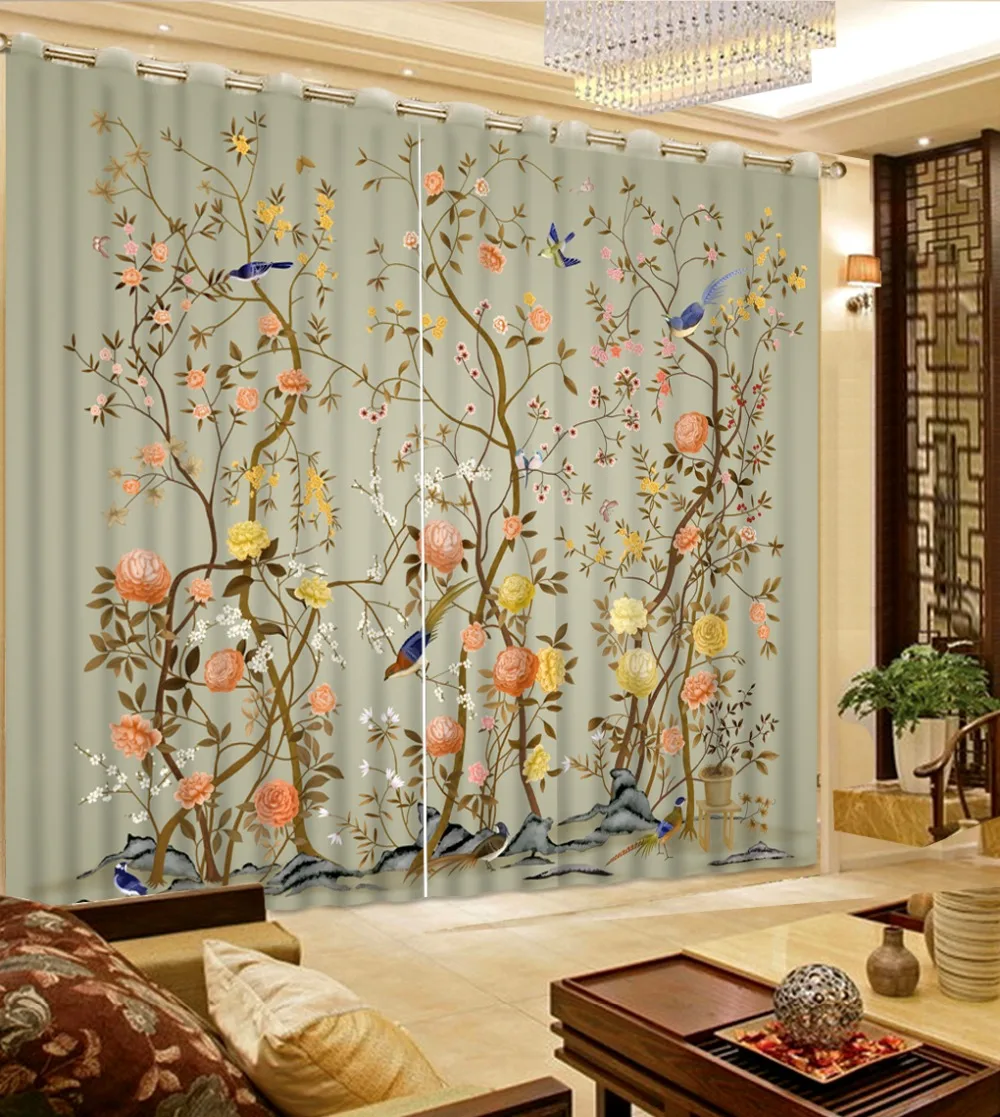 Modern Window Curtain Blackout flower and bird Curtain Brief retro 3D