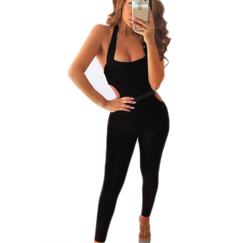 

2017 new women ladies sexy sleeveless halter jumpsuit fashion low cut solid skinny hollow out backless jumpsuits rompers Trouser