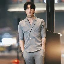 2019 shirt trend summer hair stylist handsome suit new Korean version of the self-cultivation casual men's sleeve shirt + pants pants pants summer seven sleeved suit suit male korean version of the slim fashion hair stylist trend leisure suit two piece
