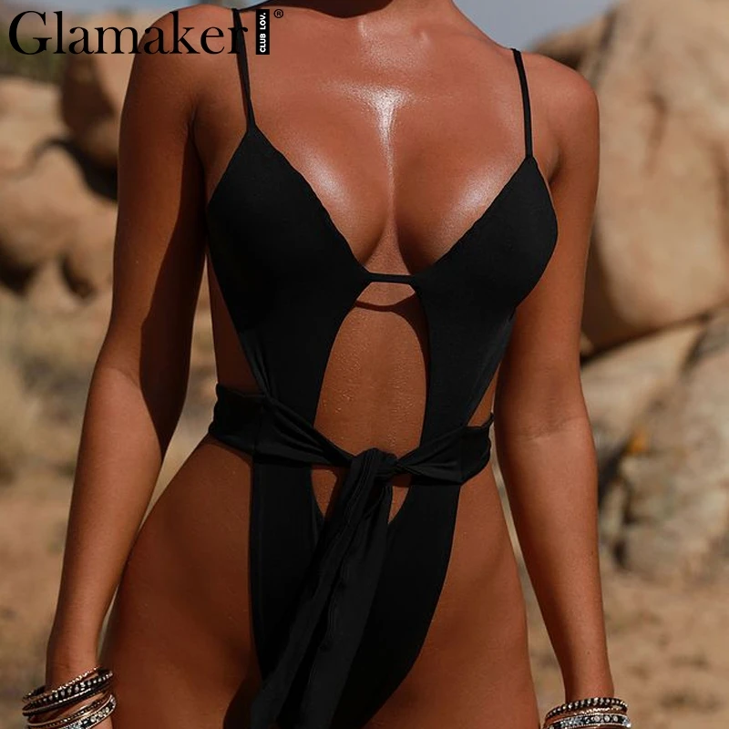 Glamaker выдалбливают черный цельный сексуальный боди для женщин Белый открытая спина шнуровка облегающий костюм летние выходные пляж купальник