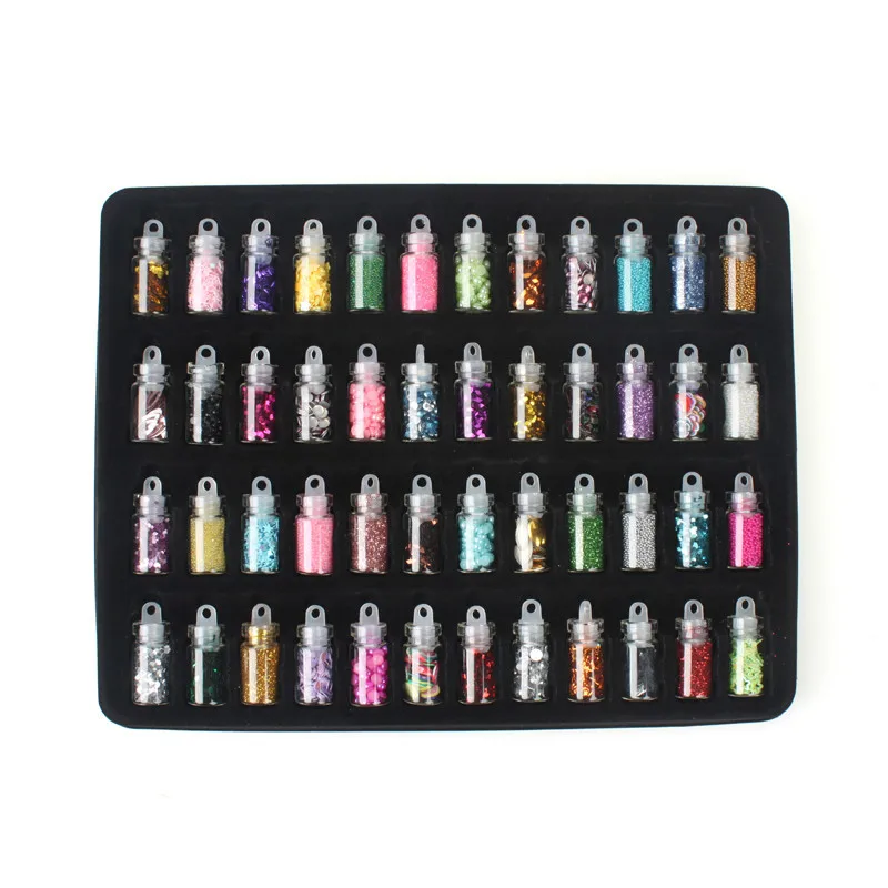 

Hot sell 48Bottles/Set colorful Nail Art Charms Kit Contain Random Nail Art Pearl Sequin Nail Glitter Powder Acrylic Rhinestone