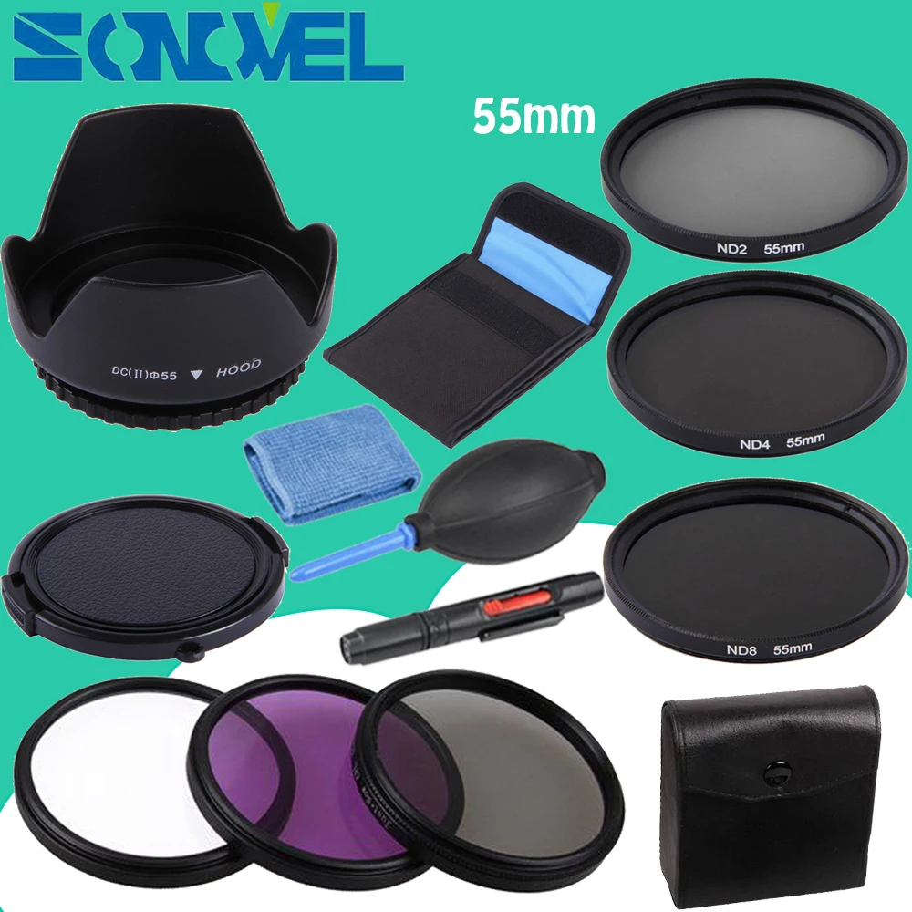 55mm UV CPL FLD ND 2 4 8 Neutral Density Filter Lens Set lens hood Cap