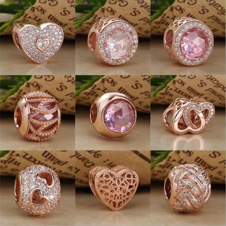 The New Sparkling Rose gold series pave CZ charms Beads 925 Sterling Silver Fits Pandora ...