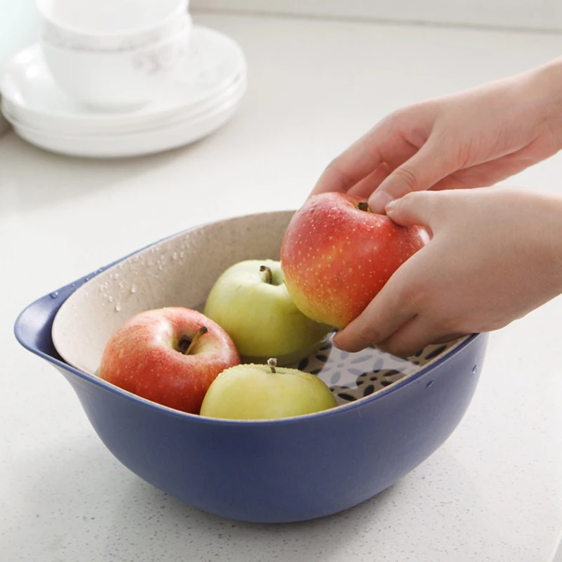Kitchen Multi purpose Double Layer Drain Basket Wheat Straw Fruits