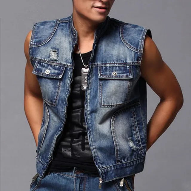 Men's Denim Vest Men Sleeveless Fashion Outerwear Slim Cowboy Jacket