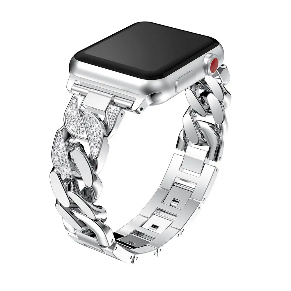 Для женщин женские часы-браслет для наручных часов Apple Watch, версии 5 4 3 2 1 алмазное ковбойская цепь на ремешке металлические звеньевые 38/42/40/44 мм длина браслета
