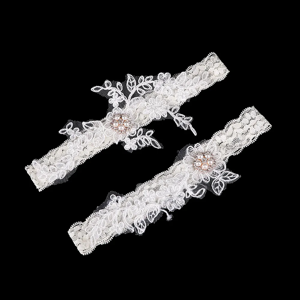 

2 pieces Women Bridal Garter Lace Floral Pearl Rhinestone ivory Wedding Party Bride Leg Garter Belt Wedding Accessory