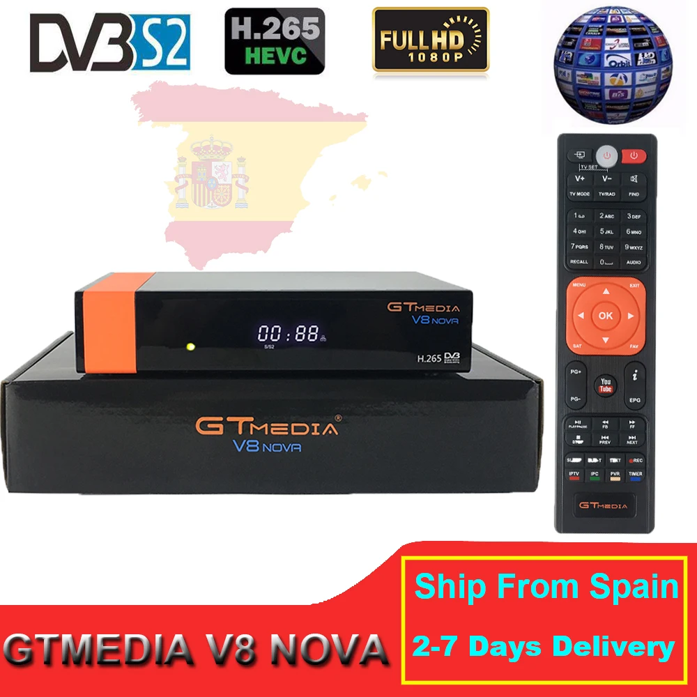 

GTMedia V8 Nova DVB-S2 Full HD H.265 HEVC Satellite Receiver+Stable 1 Year Europe Spain 7 Clines same as V9 Super Built-in WiFi