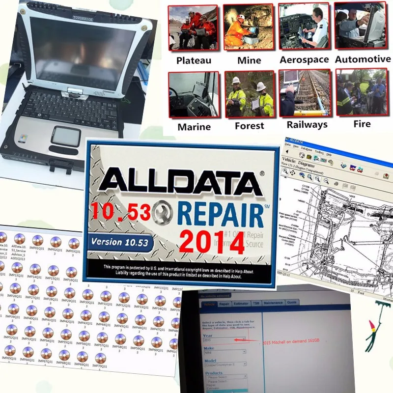 Auto Repair Software ALLDATA 10.53 Mitchell on demand 2015 ALL DATA Car Software 1TB HDD + CF19 Toughbook High Quality Laptop